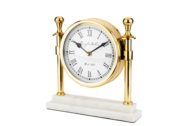 ROUND COLUMN CLOCK WHITE MARBLE BASE: GOLD