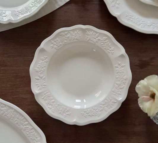 23cm  French Embossed White Ceramic Soup Plate Set of 4