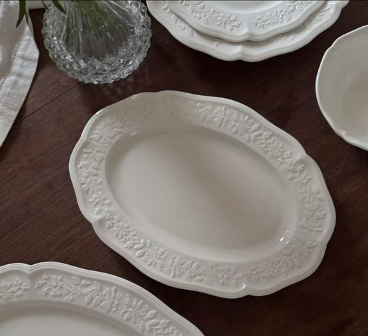 31cm French Embossed White Ceramic Oval Platter