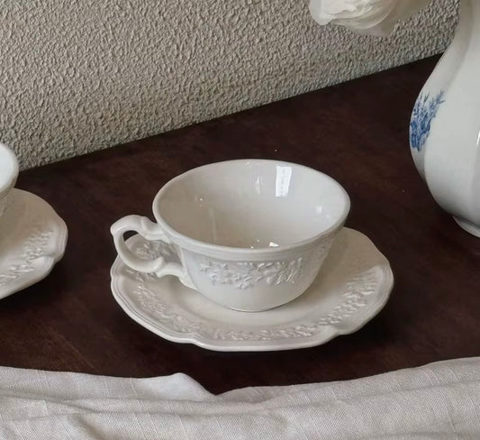 French Embossed White Ceramic Cup and Saucer Set of 4