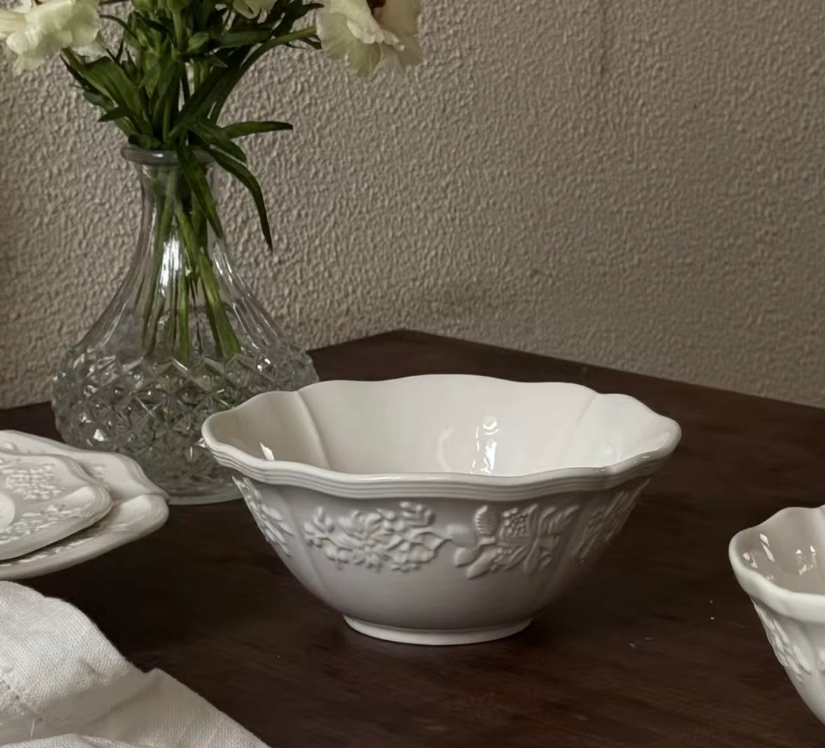 16cm French Embossed White Ceramic Bowl Set of 4