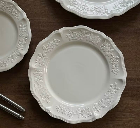 22cm French Embossed White Ceramic Plate Set of 4