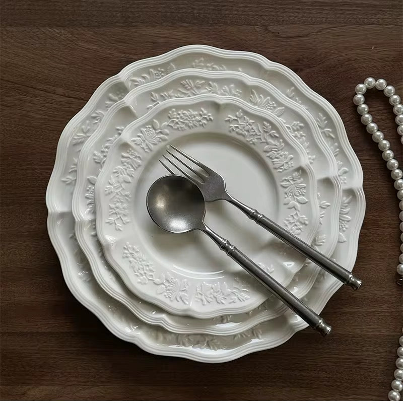 26cm French Embossed White Ceramic Plate Set of 4