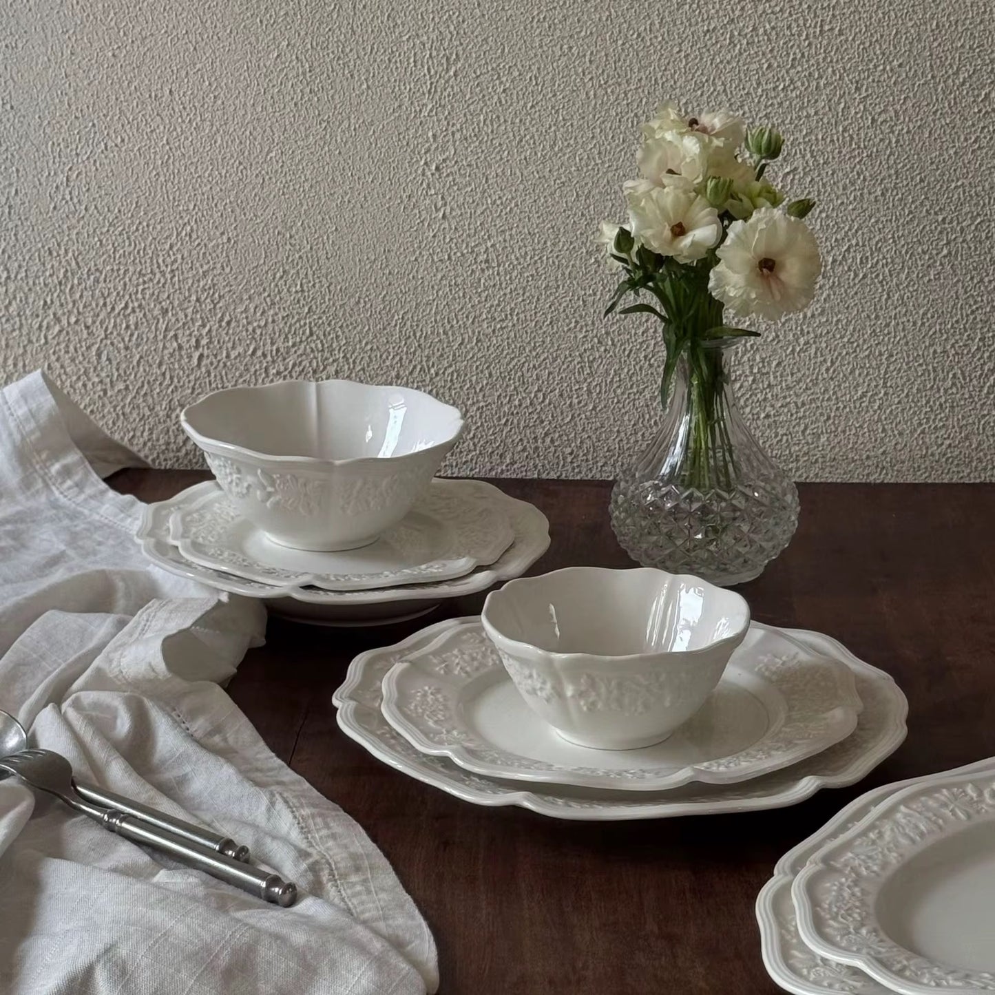 16cm French Embossed White Ceramic Bowl Set of 4