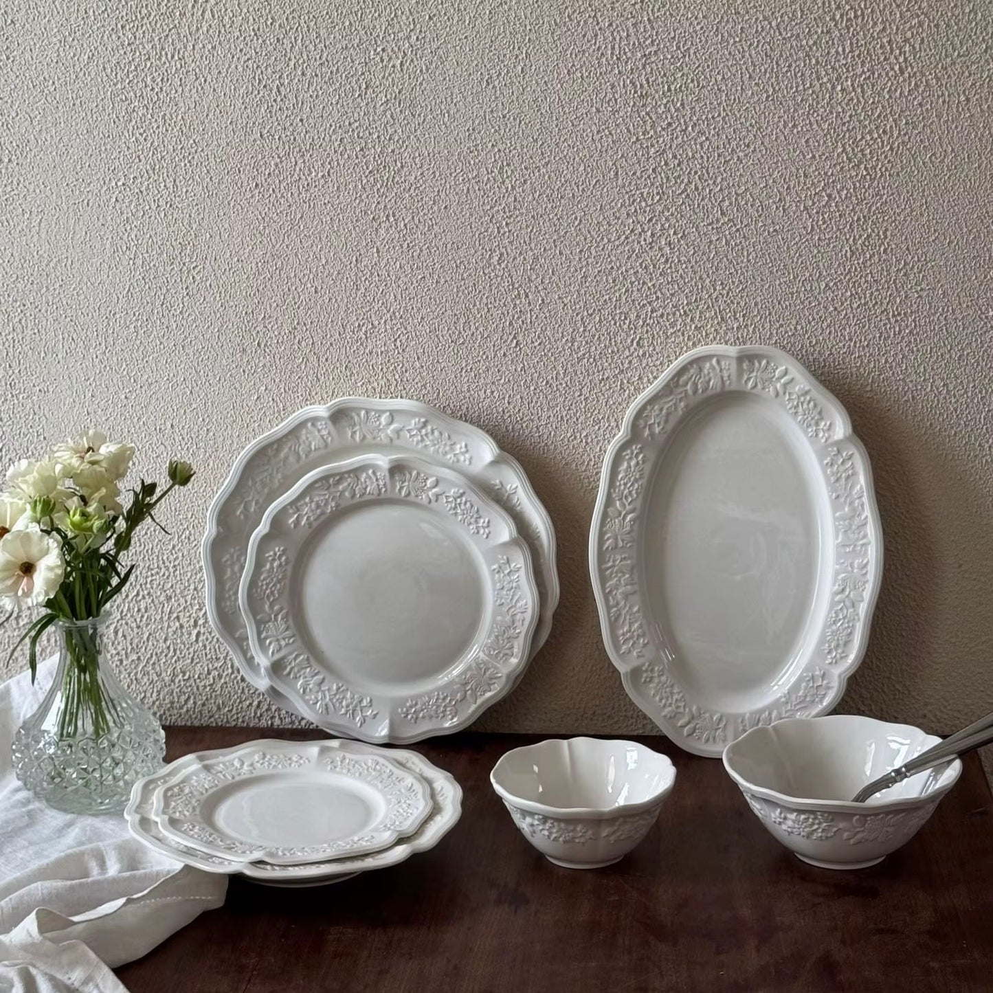 16cm French Embossed White Ceramic Bowl Set of 4