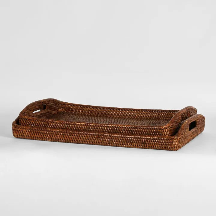 Paume Rattan Rectangle Tray S/2 - Antique Brown